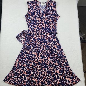 Leota Finnley Faux‎ Wrap Jersey Dress Navy Blue Pink Coral Small Petite Spring
